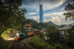 A HDR serene coastal scene: A vintage-style locomotive train lit by a flashlight chugs along the scenic railway track, a Malay wooden house under the tree, nestled among lush green grass and traditional Japanese houses with tiled roofs. near a MERDEKA skyscrapper at Kuala Lumpur city. The sun casts a warm glow on the tranquil landscape, blending seamlessly into the brilliant blue sky dotted with wispy white clouds.,FLASH