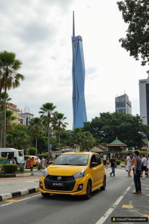 A vibrant yellow Myvi 2016 drifts slowly amidst pedestrians crossing the busy intersection in front of the iconic Merdeka Tower. The morning sunlight casts a warm glow on the scene, highlighting the sleek car's bright hue as it navigates the pedestrian crossing amidst a sea of umbrellas and hats. To its left, a monorail tracks glides effortlessly above the street, adding a touch of modernity to the historic landscape.