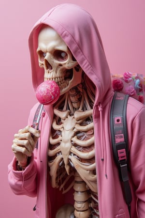 Hyper realism, A mechanical mecha skeleton eating a lollipop, pinky coloured , pink wearing a hoodie made from candy, hold a lollipop candy, candy back pack, candy intricate rendering details, candy world background.