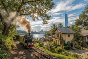 A HDR serene coastal scene: A vintage-style locomotive train chugs along the scenic railway track, a Malay wooden house under the tree, nestled among lush green grass and traditional Japanese houses with tiled roofs. near a MERDEKA skyscrapper at Kuala Lumpur city. The sun casts a warm glow on the tranquil landscape, blending seamlessly into the brilliant blue sky dotted with wispy white clouds.