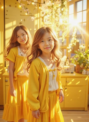 Soft focus on the young girl's face, her porcelain skin aglow as she confidently poses in a bright yellow ensemble.the scene is set against a sunny yellow backdrop, complete with distressed wood paneling and delicate yellow decorations. A lens flare dances across the frame, casting a warm glow on the subjects as they bask in the sunlit atmosphere.