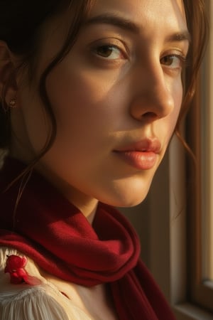 A serene head portrait of a woman bathed in soft, golden light. Her eyes are the focal point, showcasing intricate details on irises, eyelashes, and skin textures that seem to shimmer in the gentle glow. Her lips curve into a subtle smile, framing her teeth with a delicate texture. A lush red shawl drapes elegantly around her neck, contrasting with the soft petals of roses scattered across her shoulder.