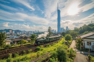 A HDR serene coastal scene: A vintage-style train chugs along the scenic railway track, nestled among lush green grass and traditional Japanese houses with tiled roofs. near a MERDEKA skyscrapper at Kuala Lumpur city. The sun casts a warm glow on the tranquil landscape, blending seamlessly into the brilliant blue sky dotted with wispy white clouds.