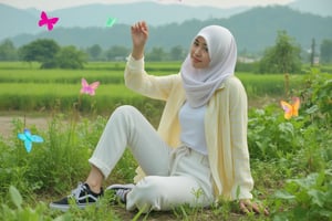 a professional quality picture of a woman, energetic, confident, adventurous woman sitting on the grass enjoying the view of the grass and hills in the distance. The wind blows her white hijab and the grass. She is wearing a pastel yellow plaid unbutton shirt, white sweatshirt, white cargo pants and Vans shoes. Surrounded by colourful neon butterflies. Adjust the relative size of the objects to make them more proportional. Resolution 8k, HDR. Apply parallax correction to make the image more accurate.