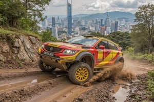 ((Ultra-realistic)) photo of red x50style cornering and drifting beautifully at a mountain offroad muddy trail,massive splashing mud,Sports car,beautiful and complex racing livery,Yellow color,shiny spinning wheels,glossy Yellow alloy rims,bright turned on head lights,driver silhouette,driving at high speed,(backdrop of Detailed Realistic mountain offroad trail for speed race, at MERDEKA Skyscrapper at Kuala Lumpur city,trees,rock,hill,cloud,mud,cluttered maximalism),depth of perspective,vehicle focus,sports car,(wide shot)
BREAK
sharp focus,high contrast,studio photo,trending on artstation,rule of thirds,perfect composition,(Hyper-detailed,masterpiece,best quality,UHD,HDR,32K,shiny, glossy,reflective,kodachrome 800:1.3), ek_photo_b00ster,ek_car_b00ster,Mecha fighter,Super Sport Car,x50style,HDR,MERDEKA