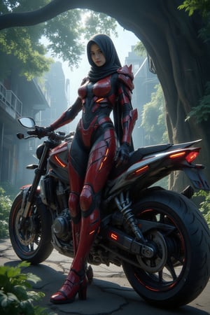 Against a backdrop of urban decay, a hijab-clad warrior stands poised, riding on a sleek, futuristic motorcycle partially shrouded by the massive trunk of a giant tree. Studio lighting casts a dramatic highlight on her face, while red armor with glowing stripes accentuates her determined stance. A ray of sunlight filters through the ruinous landscape, scattering shadows across the cracked street as she prepares to reclaim the city.,ANIMECOLOR