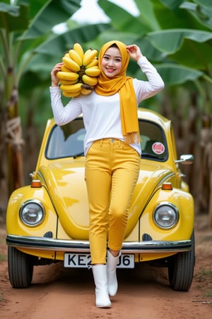 Korean teenage girl.wearing a stylish yellow hijab with a long scarf, white long sleeve stylish shirt and yellow pants, modest stylish pose. carrying a bunch of yellow matured bananas on her shoulder with her right hand and happy face. Banana tree in the middle of banana orchard., lean pose on the yellow Volkswagon Beetle car at the dirt pathway in the banana orchard. she hair her light fair skin. she is wearing white rubber boots