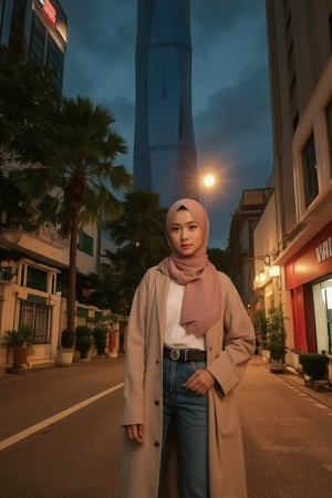 A young woman in hijab stands out against a vibrant street scene bathed in warm Rembrandt-like lighting, her figure set against dramatic contrasts of dark shadows. She wears a trendy long coat with belt and accessories, posed against the urban backdrop. A bright light spot highlights her features, scattering shadows on the streets below the MERDEKA tower in Kuala Lumpur city, creating an intriguing interplay of light and darkness.