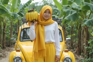 side view of Unprofessional photo taken in haste with a low quality camera of a Korean teenage girl.wearing a stylish yellow hijab with a long scarf, white long sleeve stylish shirt and yellow pants, modest stylish pose. carrying a bunch of yellow ripened bananas on her shoulder with her right hand and happy face. Banana tree in the middle of banana orchard., read pose on the yellow Volkswagon Beetle car at the dirt pathway in the banana orchard. she hair her light fair skin. she is wearing white rubber boots
