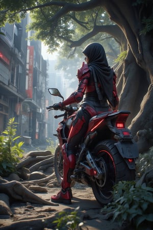 Against a backdrop of urban decay, a hijab-clad warrior stands poised, riding on a sleek, futuristic motorcycle partially shrouded by the massive trunk of a giant tree. Studio lighting casts a dramatic highlight on her face, while red armor with glowing stripes accentuates her determined stance. A ray of sunlight filters through the ruinous landscape, scattering shadows across the cracked street as she prepares to reclaim the city,VIVID