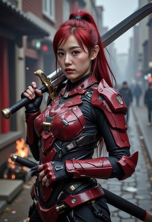 Korean young woman with red hair wearing armored suit, holding a giant sword, random chaotic battlefied background, smoke, debris, spark, 8k, ultra details, high clarity, ultra sharp,