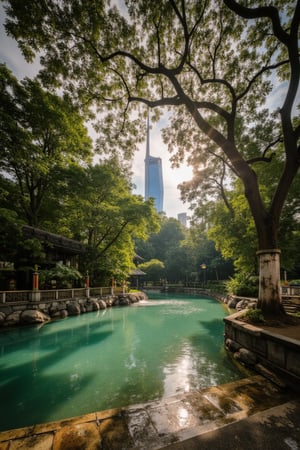 A serene crystal-clear water river flows gently through the heart of Kuala Lumpur, nestled beside the iconic Merdeka Tower. A majestic tree casts dappled shade on the worn stone walkway, its gnarled branches stretching towards the sky. The warm sunlight pours in from behind, casting a dramatic backlight that sends shards of light dancing across the water's surface, scattering shadows and creating vibrant highlights.