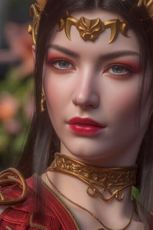 close-up of a serene Chinese warrior woman's face, red attire blending with surrounding flora. black straight long hair. Spotlight illuminates forehead, highlighting pores and subtle wrinkles. Skin texture scrutinized, showcasing gentle complexion. Nose and cheeks cast in soft shadows, as the subject exudes tranquility in the lush flower garden.,photo,SKIN,perikecil,Xmeidusha