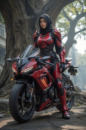 Against a backdrop of urban decay, a hijab-clad warrior stands poised, riding on a sleek, futuristic motorcycle partially shrouded by the massive trunk of a giant tree. Studio lighting casts a dramatic highlight on her face, while red armor with glowing stripes accentuates her determined stance. A ray of sunlight filters through the ruinous landscape, scattering shadows across the cracked street as she prepares to reclaim the city.,STUDIO,SKIN