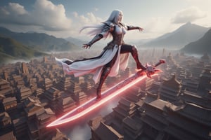 a white hair sistersofbattle warrior is riding a glowing flying sword in the air over an ancient city. she is wearing white warrior cloth, shoulder armor, Dynamic angle. Dynamic attack pose