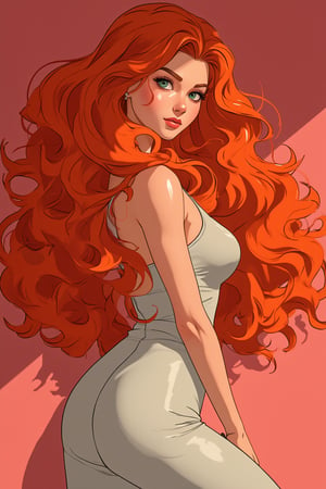 Stunning woman with long red hair and green eyes, curvy body, sensitive pose, model, studio ghibli, akira toriyama, james gilleard, trending pixiv fanboxe, 4k, the style of 90's vintage anime,