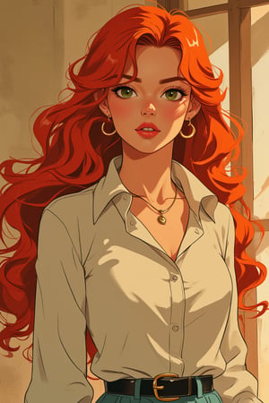 Stunning woman with long red hair and green eyes, curvy body, sensitive pose, model, studio ghibli, akira toriyama, james gilleard, trending pixiv fanboxe, 4k, the style of 90's vintage anime,