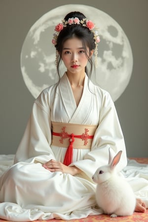 A young woman in a beautiful white hanfu sits on a soft, patterned fabric. She is adorned with delicate floral hair ornaments and a red tassel hangs from her waist. Her expression is serene and elegant, her gaze directed towards the viewer. A white rabbit sits beside her, adding a touch of innocence and charm to the scene. The background features a large moon, creating a sense of cultural richness and mystique.
