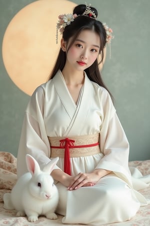 A young woman in a beautiful white hanfu sits on a soft, patterned fabric. She is adorned with delicate floral hair ornaments and a red tassel hangs from her waist. Her expression is serene and elegant, her gaze directed towards the viewer. A white rabbit sits beside her, adding a touch of innocence and charm to the scene. The background features a large moon, creating a sense of cultural richness and mystique.
