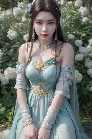 Soft spotlight falls upon a serene warrior's face, mint green attire seamlessly blending with surrounding flora. The camera zooms in for a macro close-up, highlighting the gentle complexion and scrutinizing skin texture. Pores and subtle wrinkles are visible on the forehead, while the nose and cheeks sink into soft shadows. The subject exudes tranquility amidst lush flowers, ancient bangles and headdress adding to the mystique. Wavy skirt rustling softly in the breeze.,photo,HDR