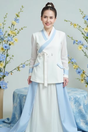 Realistic photograph of Dahyun dressed in a traditional white and light blue Korean traditional costume (hanbok), in an ancient style. Dahyun is standing in the center of the image, with a cheerful and elegant expression. The background is filled with an artistic composition of blue and yellow flowers that extend throughout the entire space, creating a delicate contrast with the white suit. The flowers are arranged in soft, organic patterns, visually enveloping the girl without covering her completely.