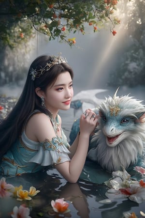 Queen's majestic features dominate the frame as she playfully interacts with her enormous, fluffy dragon companion beneath a shaded tree canopy bursting with vibrant flora. A ray of soft, golden light illuminates their joyful moment, subtly veiled in misty atmosphere. Ancient, ornate attire adorned with sparkling accessories complements the regal subject's gentle smile.