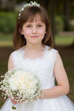 8 years old, Matilda., brown hair. Matilda in a wedding dress, Matilda holds a bouquet of white flowers