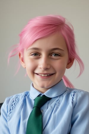 pink hair AnneF smiling. blue shirt, green tie