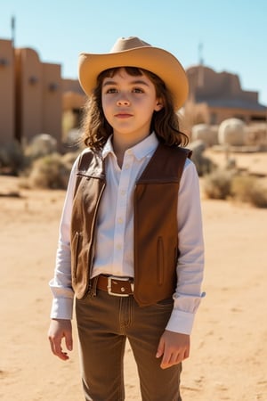 9 years old, Piper with a cowboy hat, leather vest, white shirt, brown jeans and boots. in the background a desert with a cowboy town