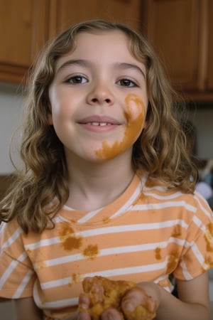 9 years old. Piper cooking. face dirty with food.