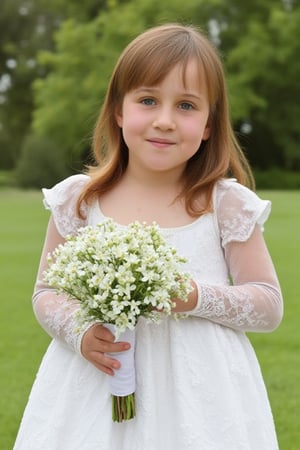 8 years old, Matilda., brown hair. Matilda in a wedding dress, Matilda holds a bouquet of white flowers