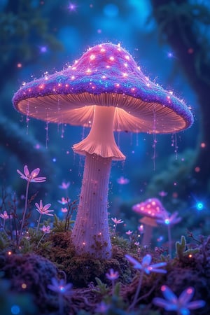 A whimsical fantasy scene featuring an elaborate glowing mushroom, vibrant bioluminescent hues illuminating the surroundings, soft ethereal lighting, a close-up shot capturing intricate details, the mushroom standing tall in a lush, enchanted forest, surrounded by floating fairy lights and delicate, glowing flora, magical atmosphere, serene and enchanting composition.