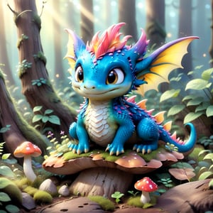 A whimsical, glowing mushroom dragon in a cute fantasy setting, Disney-Pixar style. The dragon is playful, with large expressive eyes and a friendly smile, perched on a vibrant, magical mushroom forest. The scene is brightly lit with soft, warm light, creating a cheerful atmosphere. The composition is dynamic, with the dragon's wings slightly spread, as if ready to take off. The background features colorful, fantastical flora and fauna, enhancing the whimsical charm.