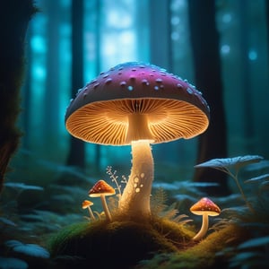 A whimsical fantasy scene featuring an elaborate glowing mushroom, vibrant bioluminescent hues illuminating the surroundings. The mushroom stands tall with intricate patterns and delicate tendrils, casting a soft ethereal glow. The composition is centered, with the mushroom in the foreground, surrounded by a mystical forest with floating particles of light. The lighting is soft and magical, enhancing the otherworldly atmosphere. The framing is close-up, focusing on the intricate details of the mushroom.