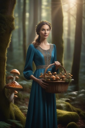 A hyper-realistic photograph of a beautiful woman standing in an enchanted forest, holding a basket full of mushrooms. The scene is framed with a medium shot, capturing the woman's serene expression and the intricate details of the forest. The lighting is natural, with dappled sunlight filtering through the trees, highlighting the vibrant colors of the mushrooms and the woman's flowing attire. The composition is balanced, with the woman positioned slightly off-center, emphasizing the mystical atmosphere of the enchanted forest. The realism is emphasized through sharp focus and detailed textures, creating a lifelike portrayal of the scene.