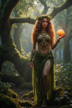 A beautiful dryad stands gracefully, holding a glowing mushroom in her delicate hand. The scene is set in a lush, enchanted forest, with soft, dappled sunlight filtering through the trees. The dryad's intricate, leafy attire and flowing hair are highlighted by the gentle glow of the mushroom. The composition is framed with a medium shot, capturing the dryad's serene expression and the magical ambiance of the forest. Ultra sharp, 8k resolution, and hyper realistic, this cinematic film still showcases the dryad's ethereal beauty and the enchanting atmosphere.