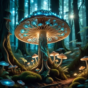 A glowing mushroom with intricate bioluminescent patterns, set in a mystical fantasy forest. The forest is dense with ancient trees, vines, and otherworldly flora, all illuminated by the soft glow of the mushroom. The scene is captured in a wide shot, showcasing the expansive forest and the mushroom's central position. The lighting is soft and ethereal, highlighting the intricate details of the mushroom and the surrounding environment. 8k resolution, More Details XL.