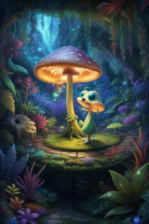 A whimsical fantasy scene featuring a glowing mushroom with large, expressive eyes, set in a magical forest. The mushroom stands out with its bioluminescent glow, casting a soft light on the surrounding foliage. The composition is centered, with the mushroom in the foreground, its eyes wide and curious. The background is filled with vibrant, fantastical plants and creatures, adding to the whimsical atmosphere. The lighting is soft and magical, enhancing the mystical feel of the scene.