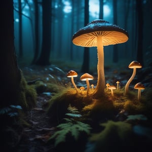 A whimsical Halloween scene featuring glowing mushrooms in a forest clearing, the mushrooms emitting a soft, eerie light. The composition is framed with a wide-angle shot, capturing the magical atmosphere. The lighting is dim, with the glow from the mushrooms casting a spooky yet enchanting ambiance. The mushrooms are depicted in various sizes, some larger and more prominent, others smaller and scattered around. The overall tone is whimsical, with a touch of Halloween's eerie charm.