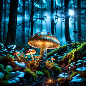 A whimsical glowing mushroom in a Halloween fantasy style, set in a dark, enchanted forest. The mushroom has a vibrant, bioluminescent glow, casting eerie light on the surrounding foliage. The scene is framed with a wide-angle shot, capturing the mystical atmosphere. The composition is centered on the mushroom, with spooky, twisted trees and foggy mist in the background. The lighting is soft and mysterious, enhancing the magical and eerie vibe.