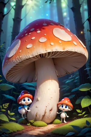 A whimsical, glowing mushroom with big, expressive eyes and a big smile, set in a fantasy world with a Disney Pixar style. The mushroom is brightly lit, with a soft, warm glow emanating from its cap. The scene is framed with a slight tilt, capturing the playful nature of the mushroom. The composition centers on the mushroom, with a whimsical forest background featuring floating fairy lights and playful woodland creatures. The mushroom stands tall, exuding a cheerful, magical vibe, with its big eyes and wide smile adding to its charm.