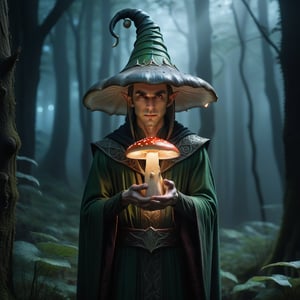 An extremely realistic gothic elf, dressed in dark, intricate robes, holds a big glowing mushroom in one hand. The scene is set in a dimly lit, eerie forest, with foggy mist swirling around. The elf's expression is intense, with sharp features and glowing eyes. The composition frames the elf from a low angle, emphasizing the towering mushroom and the elf's commanding presence. The lighting is dramatic, casting deep shadows and highlighting the intricate details of the elf's attire and the glowing mushroom.