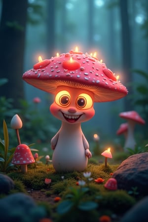 A whimsical fantasy scene featuring a glowing mushroom with big, expressive eyes and a big smile. The mushroom is brightly lit, casting a soft, ethereal glow. The composition is centered, with the mushroom standing tall in a lush, magical forest. The framing is close-up, focusing on the mushroom's charming features.