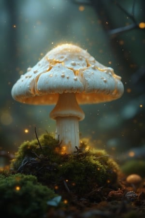 A fantasy-style image of a white mushroom with golden glowing cracks in its smooth surface, set against a bokeh background. The scene is inspired by jntsmoscuro, with soft, ethereal lighting and intricate details, creating a magical and mysterious atmosphere.