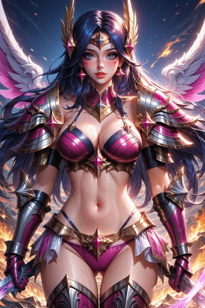 a close up of a woman with a sword and a fire, bikini armor female knight, armor girl, knights of zodiac girl, mechanized valkyrie girl, irelia from league of legends, commission for high res, bikini-armor, league of legends style art, angel knight girl, bikini armor, dark sorceress full view, detailed digital 2d fantasy art














