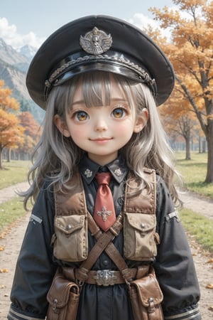 ((loli)), child, skimpy tabard, long hair, autumn, happy , solo,, mountain, 

very beautiful loli 7 years old girl, A young woman in a military uniform stands solo, looking directly at the viewer with an intense gaze. Her bangs frame her face, and her shirt is covered by a jacket with long sleeves. Her eyes glow red as she wears black gloves and a necktie, adding to the mysterious atmosphere. White and grey hair peeks out from under her hat, which matches the color of her military uniform. The framing of the shot focuses on her upper body, drawing attention to her closed mouth and piercing gaze.


