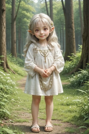 ((loli)), child, skimpy tabard, long hair, autumn, happy , solo,, mountain, 

very beautiful loli 7 years old girl, In a stunningly crafted masterpiece, an enchanting elf maiden with long, flowing white hair and piercing red eyes sits majestically on a weathered rock. Her gaze directly meets the viewer's, exuding an aura of mystique. She wears a pristine white dress that drapes elegantly around her slender form, paired with delicate sandals. The surrounding deep forest is detailed with precision, featuring stunningly crafted ornaments that seem to shimmer in the soft light. With anatomically correct hands and exquisite hair expression, this kawaii elf's beauty is nothing short of breathtaking. ((8k, ultra-detailed, very clear)).


