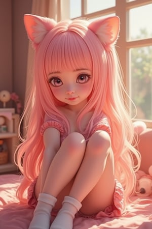 A masterpiece anime illustration of a shy girl with adorable features, pink hair styled into absurdly long strands cascading down her back. Her skin glistens subtly, oiled to perfection. She wears white socks, cat ear and tail accessories, and a pink-themed outfit. Set indoors, her full body is visible from head to toe, with bangs and long hair framing her face glowing with a soft blush. Her legs and knees are relaxed, creating a comfortable pose. Surrounded by warm, ambient lighting, the scene exudes a cozy atmosphere. The focus is sharp, with 4K-level textures and details, resulting in an exquisite anime wallpaper suitable for 8K resolution.