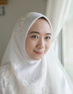 Close-up shot of a Chinese woman's upper body in a stunning white bridal kebaya, adorned with intricate embroidery and subtle beading. Her hijab flows delicately around her face, framing her features. Soft, natural lighting illuminates the scene, accentuating the delicate textures and patterns on the dress. The composition is simple yet elegant, drawing attention to the bride's serene expression and the flowing white fabric.