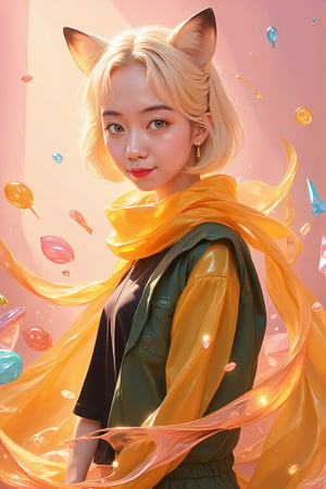 1 Girl, short blonde hair, brown animal ears, green eyes, hairpin, long yellow scarf, a strand of hair standing up, short black t-shirt, green short jacket, necklace, lollipop, shorts, sweet background, joy, "elegant crystal, graceful curves, Filled with orange and white marble fluid forming a fox shape, wavy and dynamic movement Floating pastel flower petals Anime soft pink gradient background and bright colors. Cute, short blonde hair, animal ears brown, hairpin, yellow scarf, pendant, green rolled up jacket, short black t-shirt, shorts, cloth, necklace, black stockings, indoor background, decoration, table, fruits, grass, flowers, colour_textDecoration, board write, grass, flowers, text, joyml, tousled hair, toys, scattered, Look for it, A strand of hair stands up,Books, children's games, cloth, colorful pointed flags, cups, cakes, Snotty, Red nose, standing, leaning against the wall, thin body, Slim,glowing,bright,luminous skin,glowing brightly,warm light,radiant,soft,glowing skin and vibrant, luminous features,glowing visual effects,glowing particles,neon